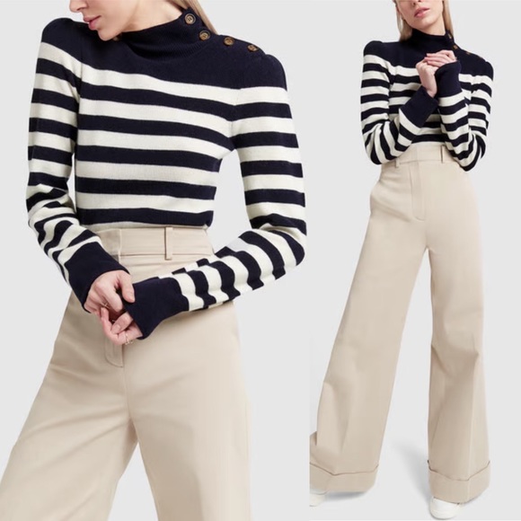 Goop G. LABEL Mindy Cashmere Wool Striped Turtleneck Sweater in Navy Cream - Picture 10 of 17